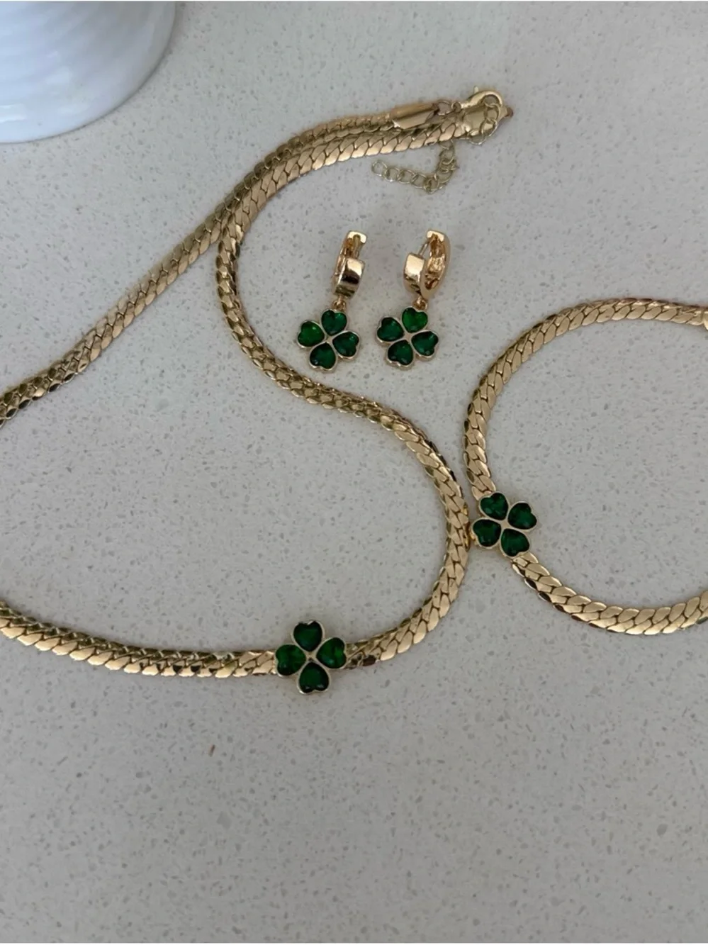 Gold-Tone Necklace and Bracelet Set with Green Clover Accents